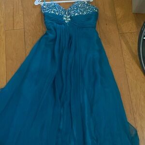 LETS Fashion Strapless TealBlue Beaded Peacock Flowy Prom Formal Gown W/Scarf